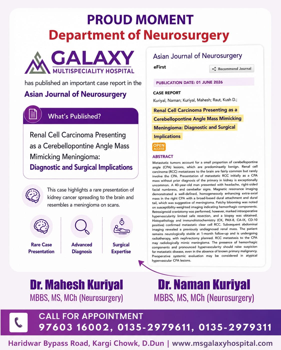 MS Galaxy Multispeciality Hospital Neurosurgeons Publish Rare Brain Tumor Case Report in Asian Journal of Neurosurgery